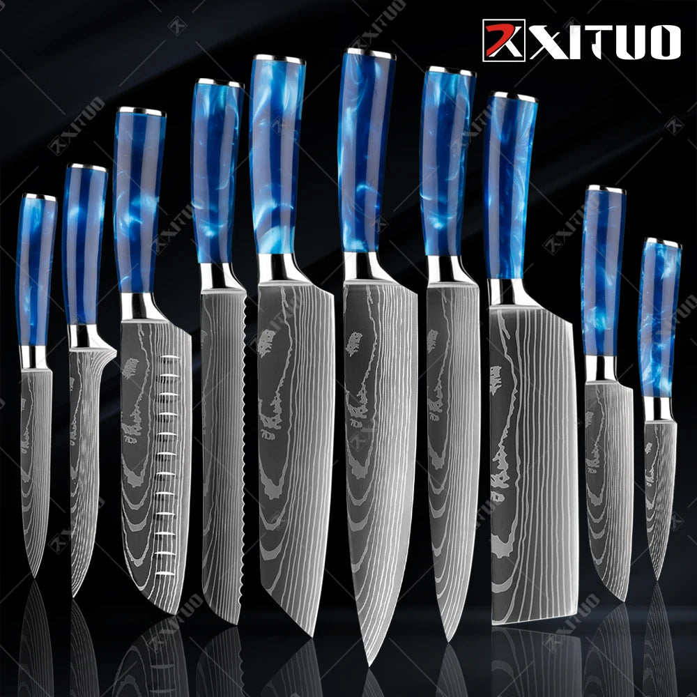 XITUO Kitchen Knife Set Meat Cleaver Chef Knives Stainless Steel Santoku Fruit Vegetable Knife Damascus Pattern Cooking Cutter - Action Outdoors Kiwi