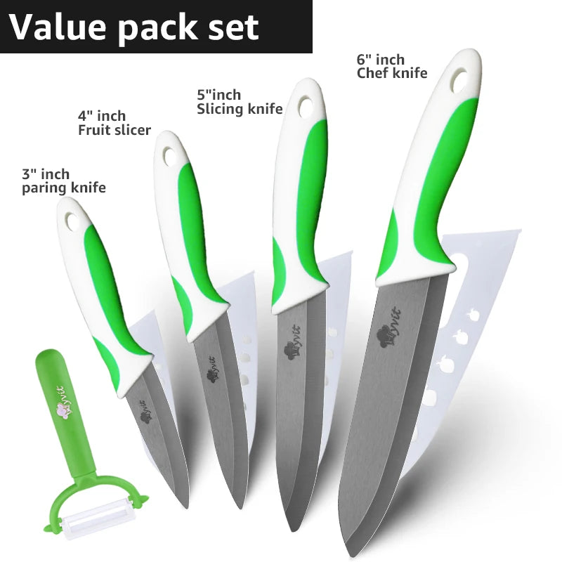 Kitchen Knives Ceramic Knife Set 3 4 5 6 inch Chef Knife Stand Holder Utility with Peeler Fruit Vegetable White Blade Anti-slip - Action Outdoors Kiwi