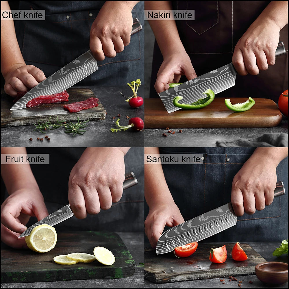 XITUO Kitchen Knife Set Meat Cleaver Chef Knives Stainless Steel Santoku Fruit Vegetable Knife Damascus Pattern Cooking Cutter - Action Outdoors Kiwi