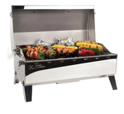 Stow and Go Barbecue Coleman Canister type with grilled vegetables and foil-wrapped food.
