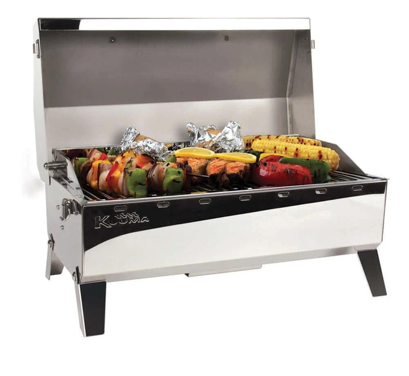 Stow and Go Barbecue Coleman Canister type with grilled vegetables and foil-wrapped food.