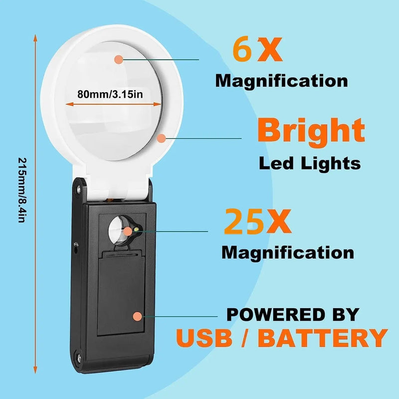 LED Illuminated Magnifier Magnifying Glass 6X 25X with Light and Stand by salelink.co.nz
