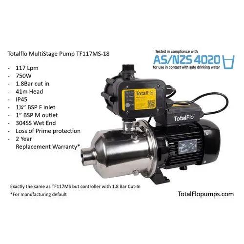 TotalFlo TF117MS-18 Multistage Pressure Pump with Controller - High Flow Tank & Mains Boosting NZ by Filtration Station NZ