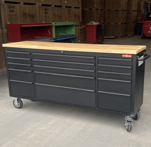 Kiwi Grab Kiwi Grab 72 Inch 15 Drawers black Tool Chest workbench with wooden top 72 Inch 15 Drawers black Tool Chest workbench with wooden top