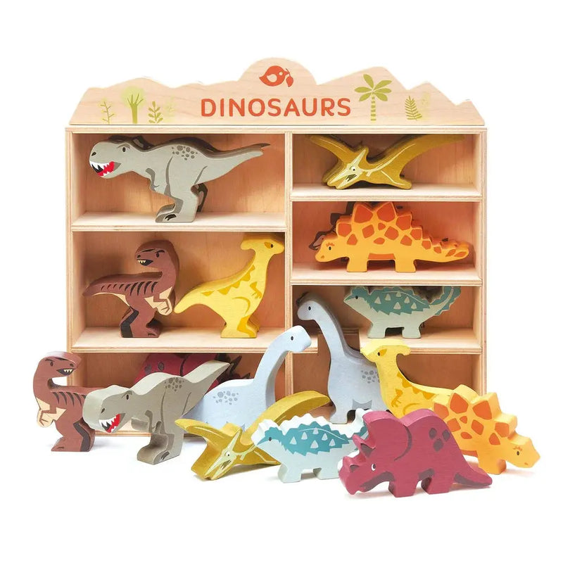 Wooden Dinosaur Toy Set with Display Unit - Tender Leaf Toys by Curious Moonbeam