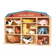 Wooden Farmyard Animals Set with Display Shelf – Tender Leaf Toys by Curious Moonbeam