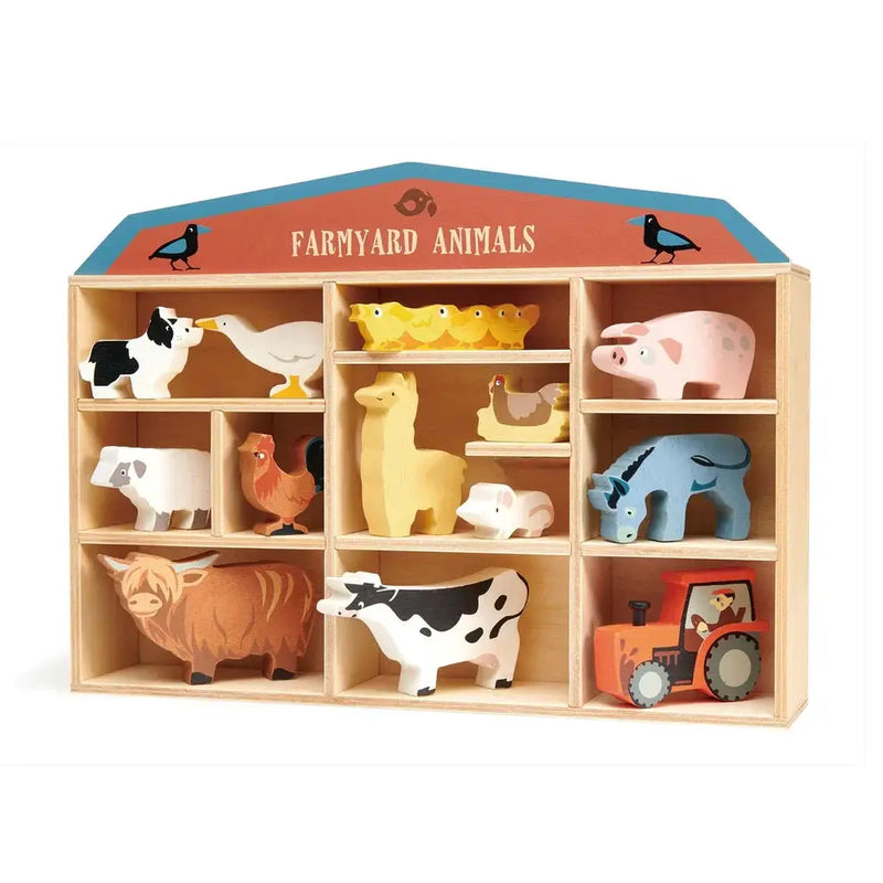 Wooden Farmyard Animals Set with Display Shelf – Tender Leaf Toys by Curious Moonbeam
