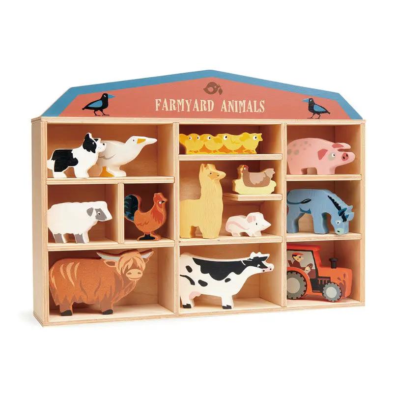 Wooden Farmyard Animals Set with Display Shelf – Tender Leaf Toys by Curious Moonbeam