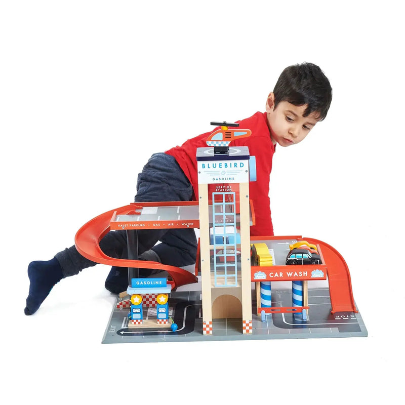 Wooden Service Station Garage - Tender Leaf Toys | Toy Car Garage NZ by Curious Moonbeam
