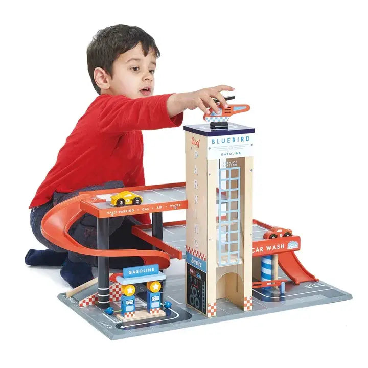 Wooden Service Station Garage - Tender Leaf Toys | Toy Car Garage NZ by Curious Moonbeam