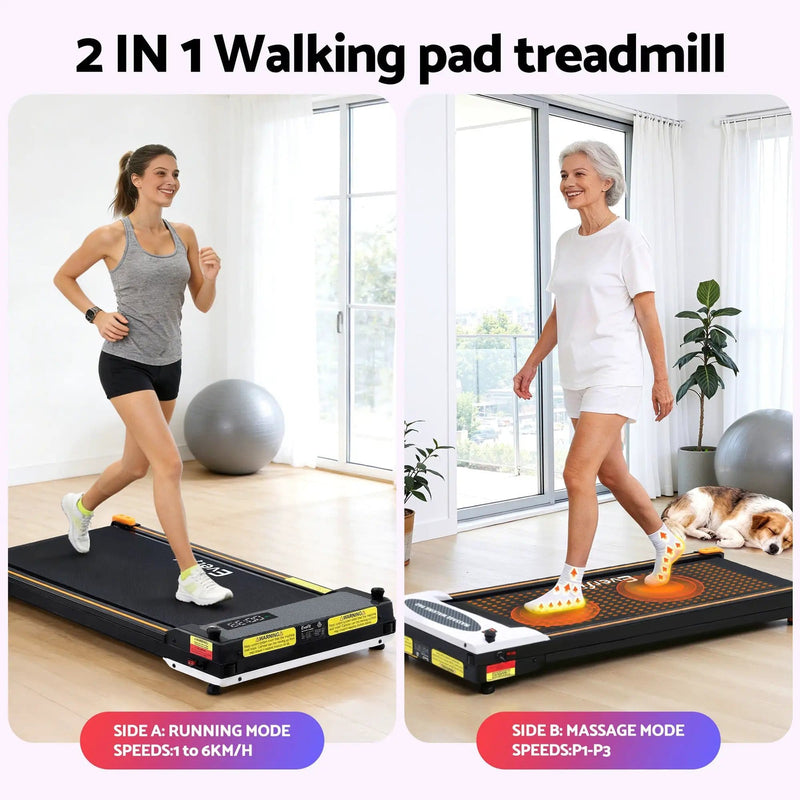SportZone.co.nz Sports & Fitness > Exercise, Gym & Fitness > Treadmills Everfit 2-in-1 Walking Pad Treadmill with Massage Function 380mm Black Everfit 2-in-1 Walking Pad Treadmill with Massage Function 380mm Black