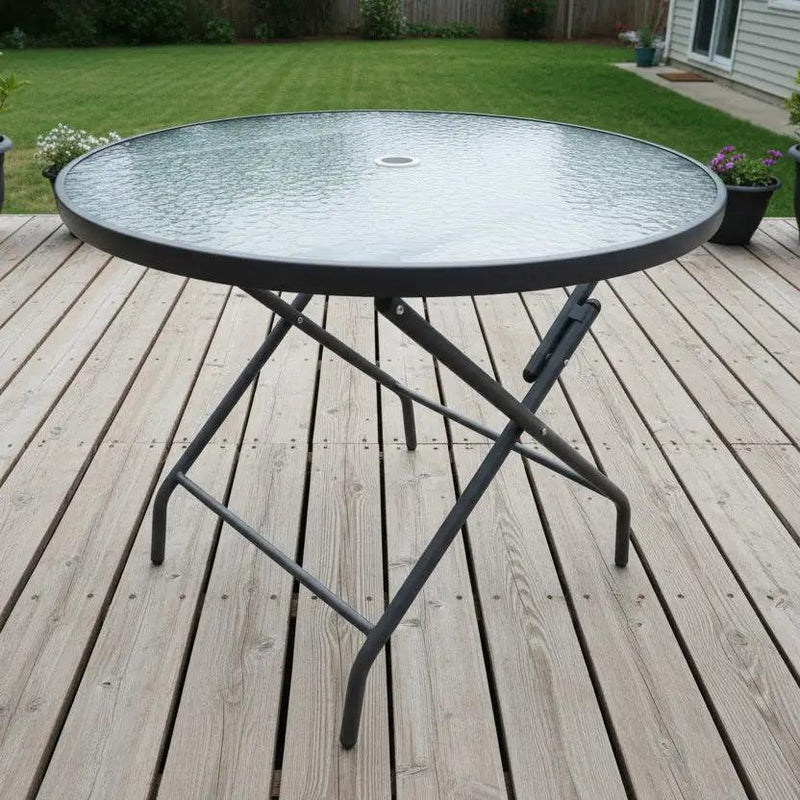 90CM Foldable Tempered Glass Round Garden Table by dealonline.co.nz