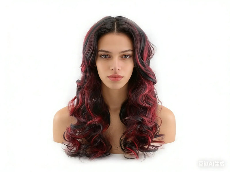 Women Long Wig Black with Red Synthetic Hair Full Wigs High Quality by dealonline.co.nz