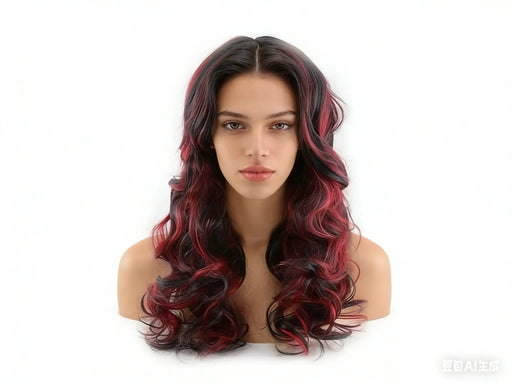 Women Long Wig Black with Red Synthetic Hair Full Wigs High Quality by dealonline.co.nz