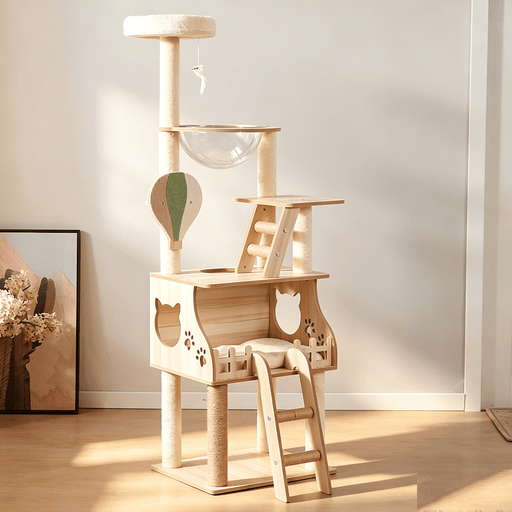 dealonline.co.nz Deal Online NZ 147cm Solid Wood Cat Tree Tower With Multiple Levels And Cozy House 147cm Solid Wood Cat Tree Tower With Cozy House