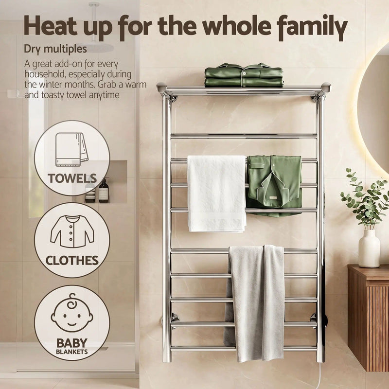 SportZone.co.nz Home & Garden > Laundry & Cleaning > Drying Racks & Hangers Devanti Electric Heated Towel Rail Rack 14 Bars Wall Mounted Clothes Dry Warmer Devanti Electric Heated Towel Rail Rack 14 Bars Wall Mounted Clothes Dry Warmer