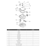 Illustration of parts for Portable Chemical Toilet - 20L, including tanks, valves, and assembly components.