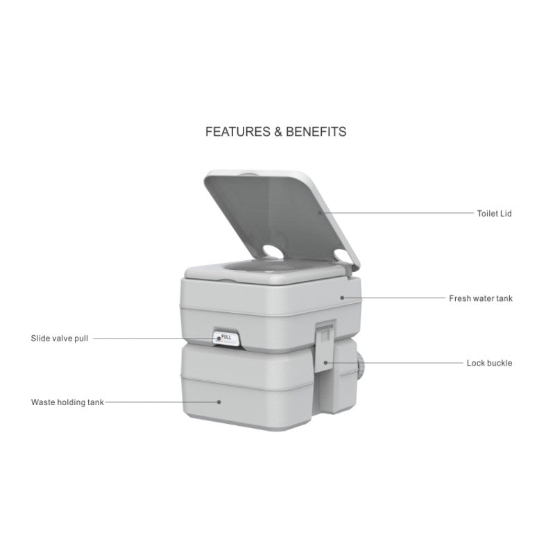Portable Chemical Toilet - 20L diagram showing features including fresh water tank and waste holding tank.