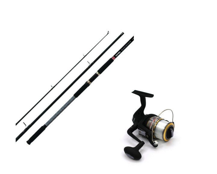 Kilwell Black Shadow 1203 80-150g Surf Rod and Reel Combo with three-piece rod and reel.