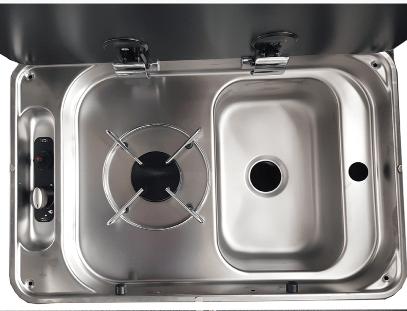Rectangular Gas Hobb Cooker & in-built Sink - Stainless steel finish with gas burner and round sink.