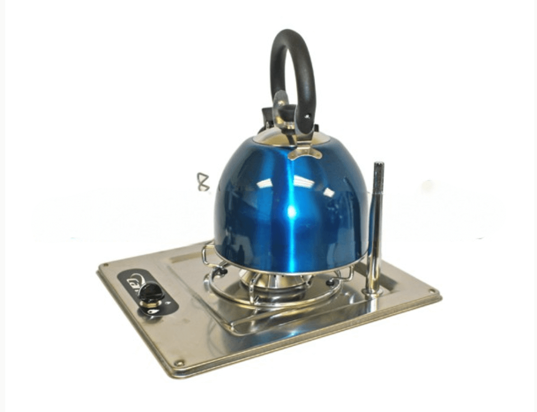 Flush Mounted Single Burner Hob with blue kettle on a stainless steel surface, perfect for compact cooking solutions.