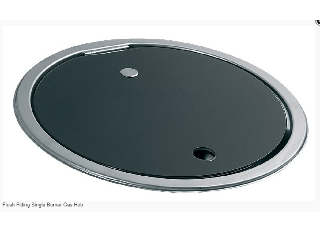 Flush Fitting Single Burner Gas Hob with tempered glass lid and stainless steel trim.