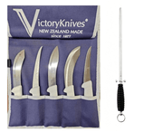 Victory Knife Butcher Skinning/Boning knife Set Hollow Ground wrapped in blue knife wrap with five knives.