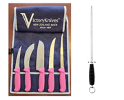 Victory Pink Knife Set featuring five knives with pink Progrip handles in a roll-up case.