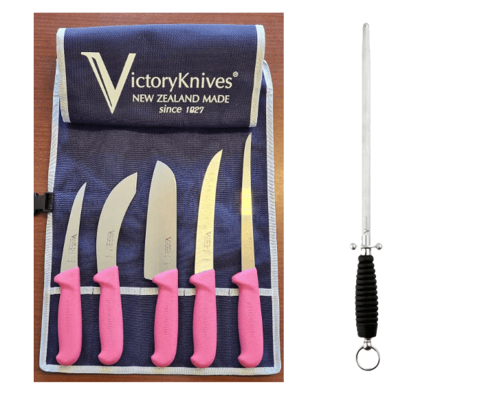 Victory Pink Knife Set featuring five knives with pink Progrip handles in a roll-up case.