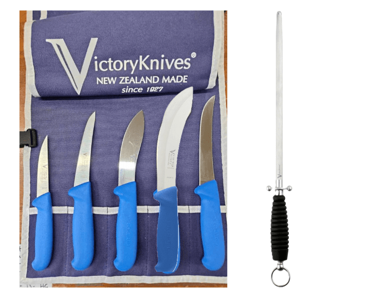 Victory Hunting Skinning Boning Knife Set Blue displayed with a collection of blue-handled knives.