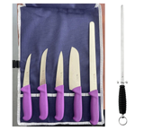 Purple Food Prep Knife Set displayed in a canvas roll with vibrant purple Progrip handles and assorted knife types.
