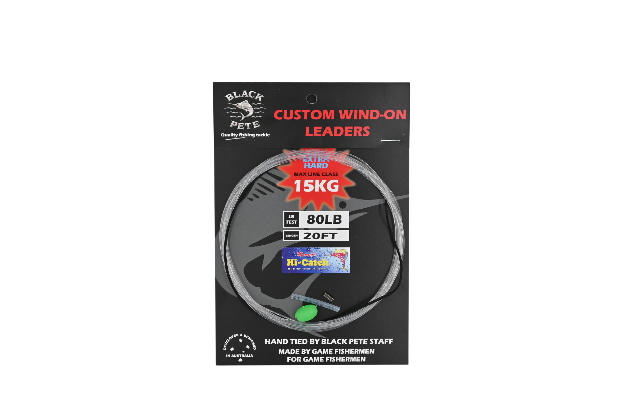 Momoi Wind on Leader Monofilament 20 Foot packaging by Black Pete Custom for serious game fishing.