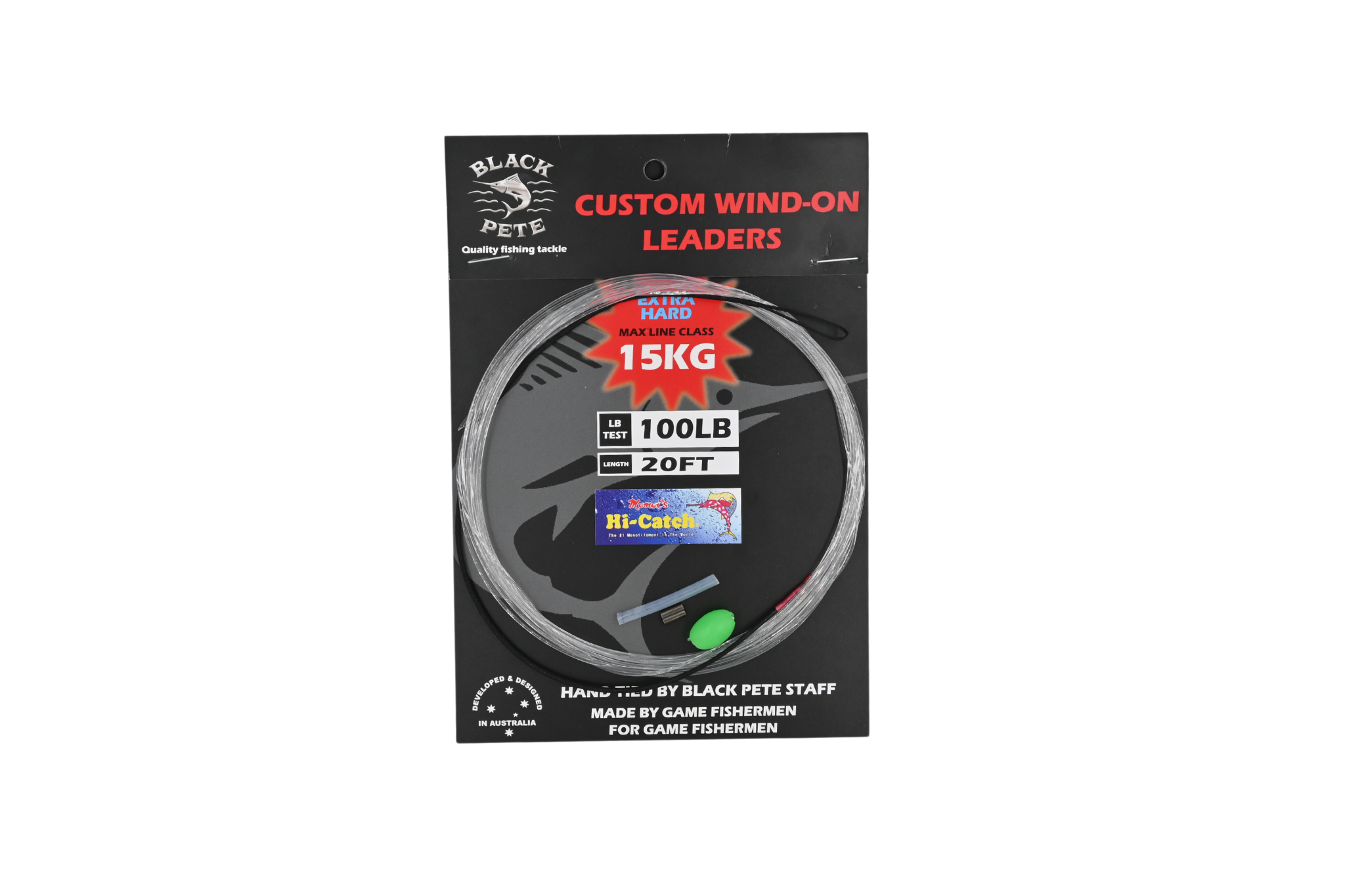 Momoi Wind on Leader Monofilament 20 Foot packaging featuring 100LB strength and 15KG rating for game fishing.