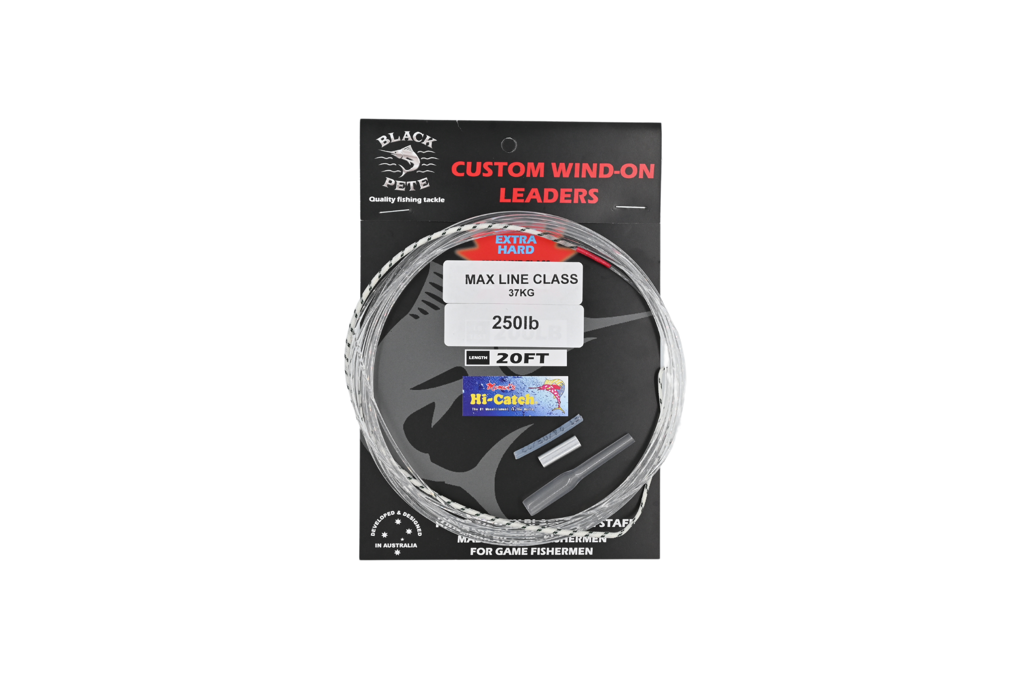 Momoi Wind on Leader Monofilament 20 Foot packaging showcasing custom wind-on leaders for game fishing by Black Pete.