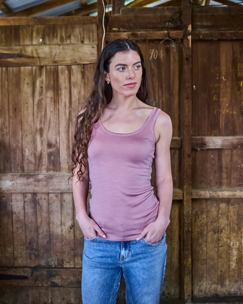 Women's Scoop Neck Tank Top - 100% Merino Wool, Rose by Merino 365 NZ