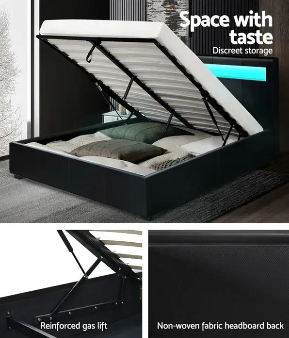 Torby Bed Frame with storage and LED Light Black Double by sue-e furniture
