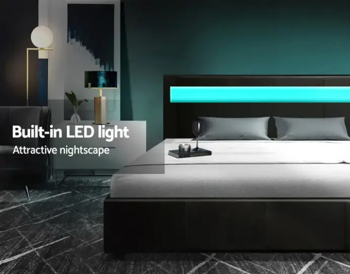 Torby Bed Frame with storage and LED Light Black Double by sue-e furniture