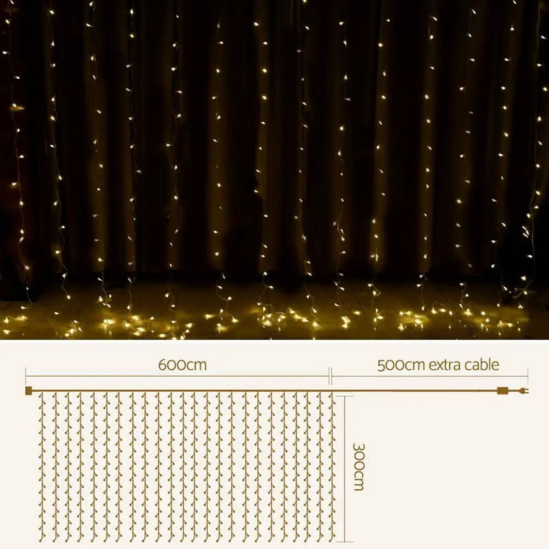 SportZone.co.nz Occasions > Christmas > Outdoor Decorations & Lights 3X6M Christmas Lights Curtain Light Warm White 600 LED Jingle Jollys 3X6M Christmas Lights Curtain Light Warm White 600 LED Jingle Jollys