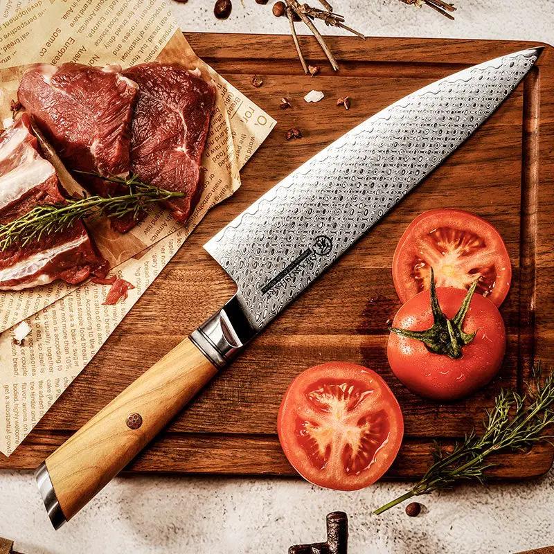 Damascus Steel Olive Wood Chefs Knife DSR132 Sharpening Steel by China Dropship