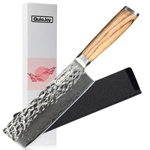 Qulajoy Nakiri Chef Knife 6.5 Inch - Professional Japanese 67 Layers Damascus VG-10 Steel - Hammered Vegetable Cutting Knife - Zebrawood Handle With Sheath - Santoku by China Dropship