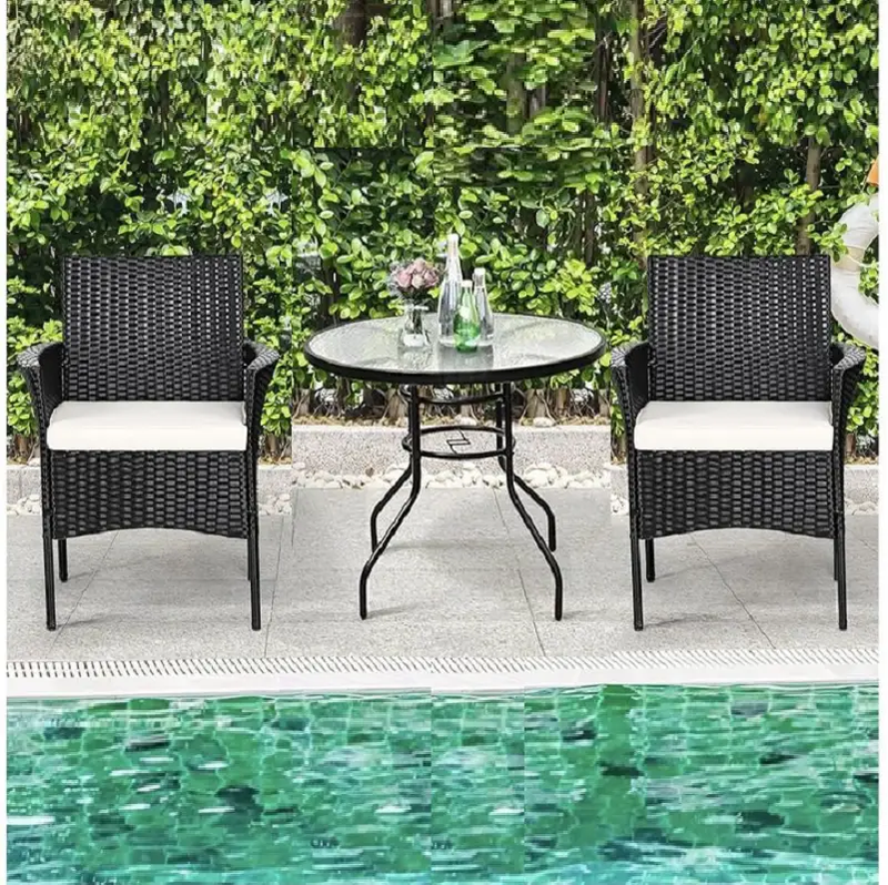 BLACK PE/PVC Rattan Patio Chairs & Round Table 3PC Set by dealonline.co.nz