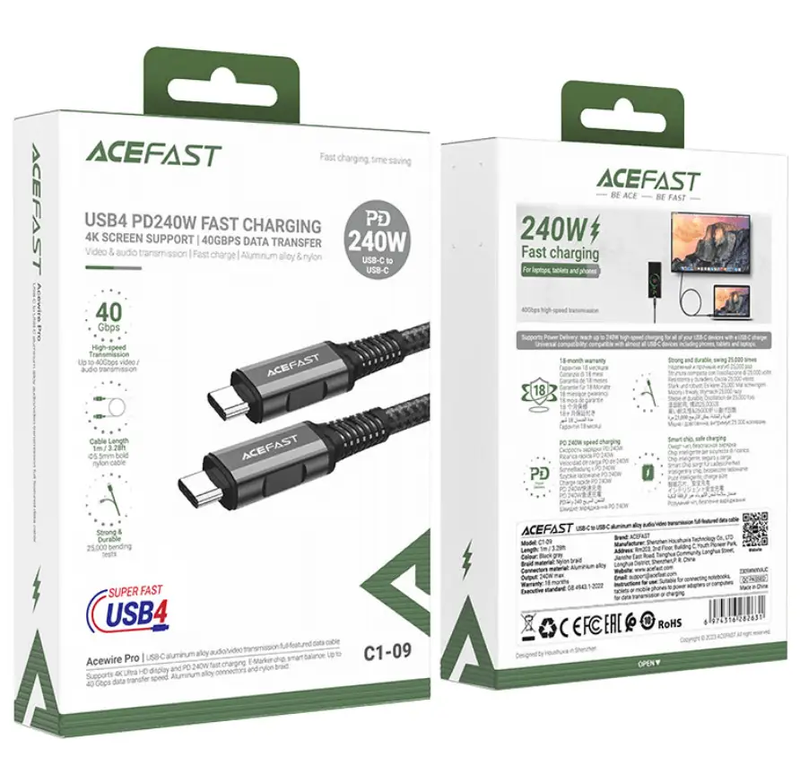 ACEFAST 240W USB-C to USB-C Cable NZ – Super Durable PD Cable C1-09 by techplus