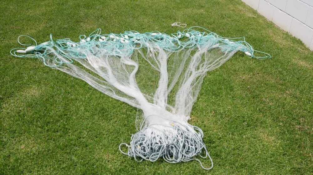 Herring Bait Fishing Nets 3-00 Inch 0.35mm spread out on grass, ideal for fishing Yellow-Eyed Mullet.