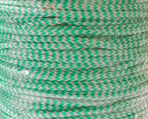 Braided Polyblend Twine White Green 3mm 4mm close-up in a spool showing green PE and white polyester strands.