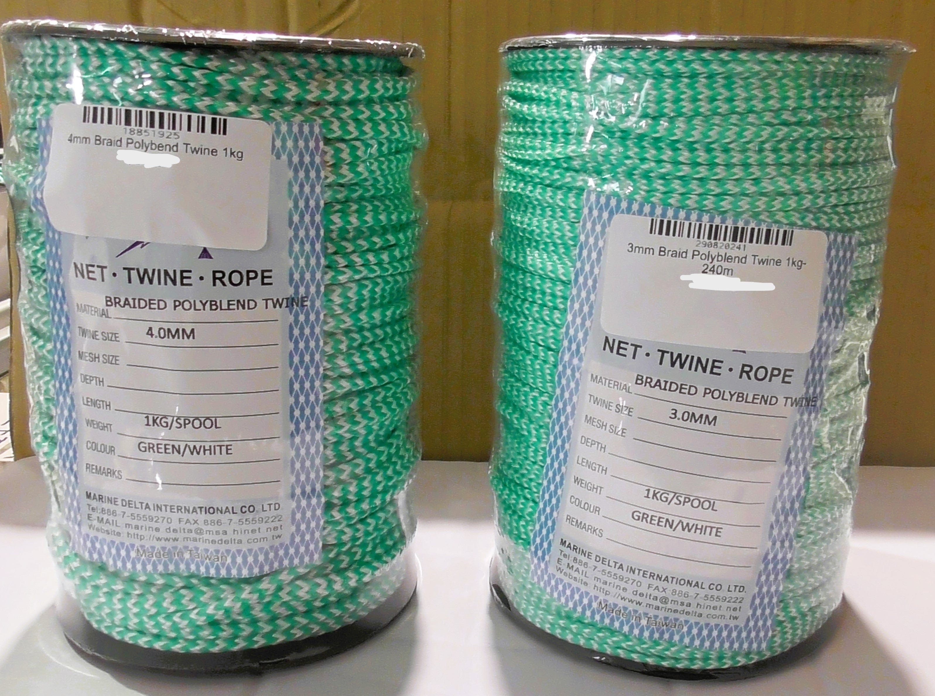 Braided Polyblend Twine White Green 3mm 4mm spools with labels showing specifications.