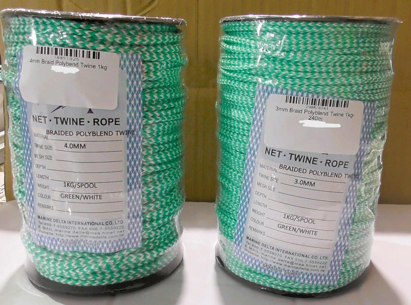 Braided Polyblend Twine White Green 3mm 4mm spools with labels showing specifications.