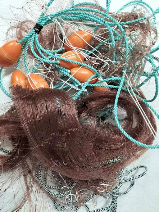 NZ Butterfish Fishing Nets 4.25(108mm) 25md Bronze Mesh displayed with bright floats and tangled marine cord.