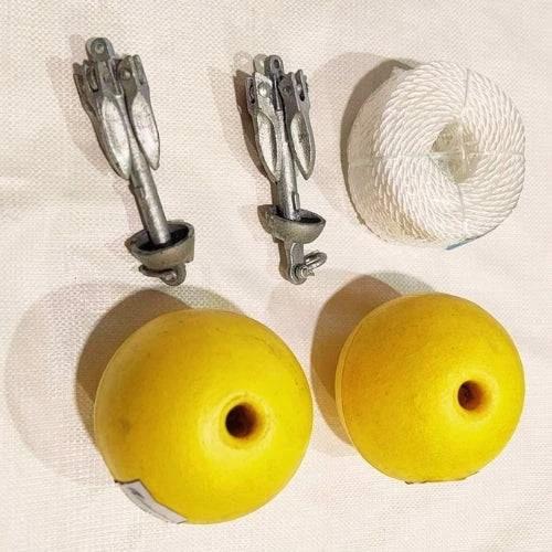 Longline Anchor, Rope, Buoy Combo 700g Anchors components including yellow float balls and metal clips.