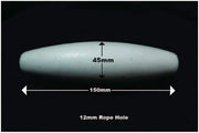 EVA Whisper net float F150 showing dimensions of 150mm length, 45mm width, and 12mm rope hole.