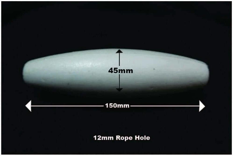 EVA Whisper net float F150 showing dimensions of 150mm length, 45mm width, and 12mm rope hole.